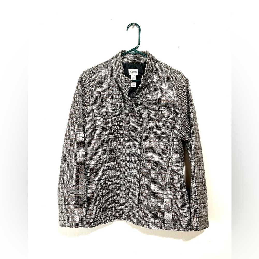 Chico's Wool Blend Blazer Women's Textured Size (3) XL‎ Brown Pockets Lined EUC